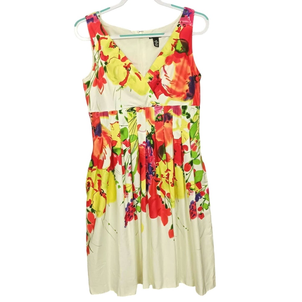 New Directions Dress Womens 10 Watercolor Floral Sleeveless V-Neck Pleated Lined